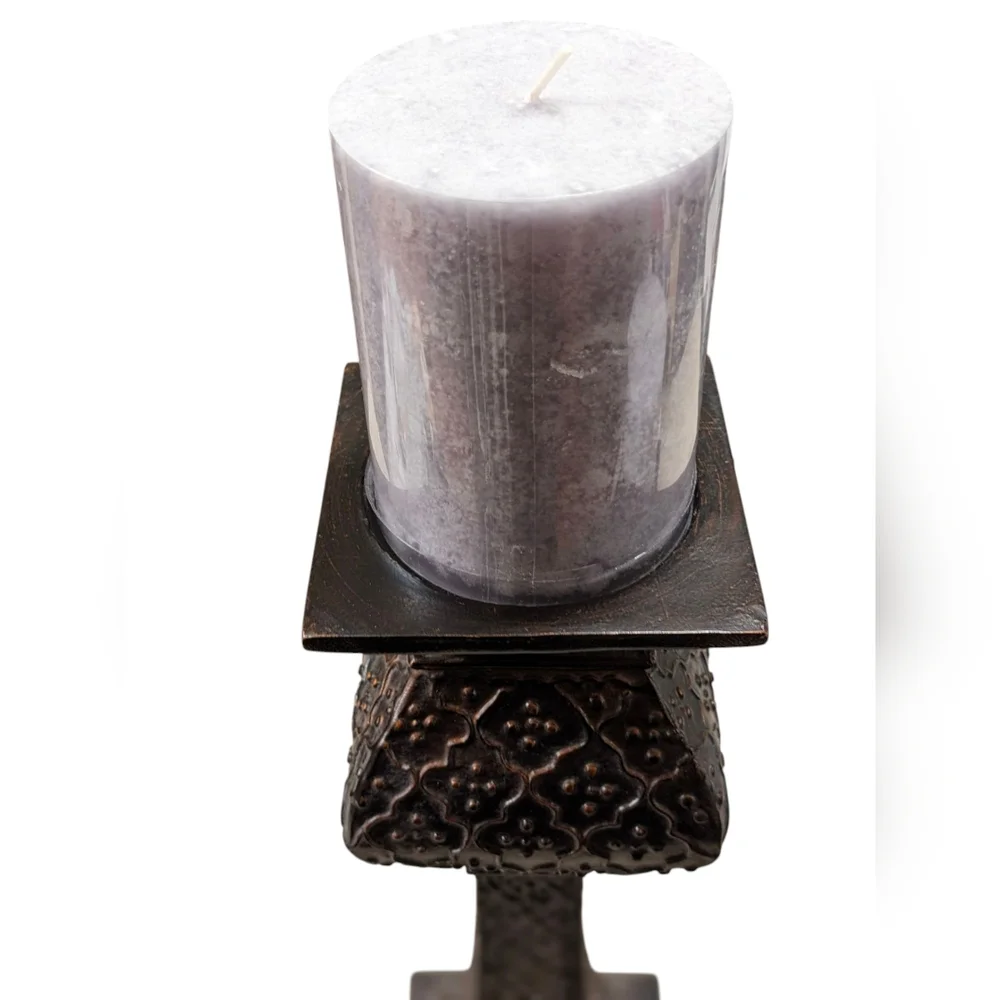 Vintage Restoration Hardware Hammered Bronze Pillar Candle Holders & Candles - Picture 9 of 11